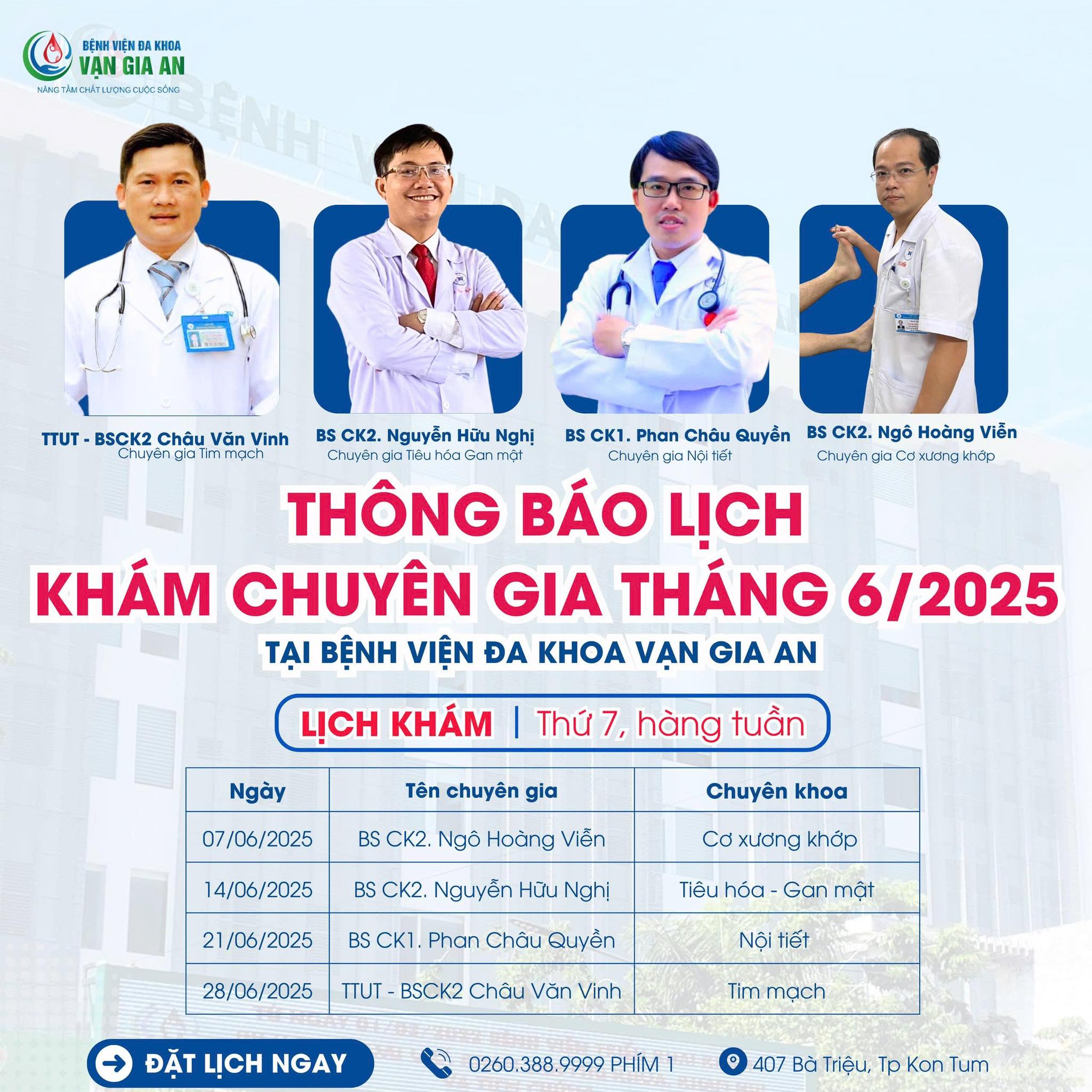Lịch khám chuyên gia tháng 6 Bệnh viện Vạn Gia An